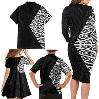 Black New Zealand Puhoro Maori Tattoo Family Matching Long Sleeve Bodycon Dress and Hawaiian Shirt