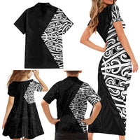 Black New Zealand Puhoro Maori Tattoo Family Matching Short Sleeve Bodycon Dress and Hawaiian Shirt