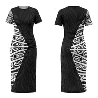 Black New Zealand Puhoro Maori Tattoo Family Matching Short Sleeve Bodycon Dress and Hawaiian Shirt LT14 Mom's Dress Black - Polynesian Pride