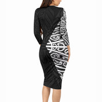 Black New Zealand Puhoro Maori Tattoo Long Sleeve Bodycon Dress LT14 - Polynesian Pride