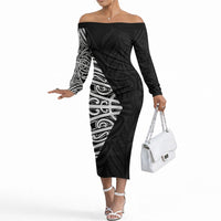 Black New Zealand Puhoro Maori Tattoo Off The Shoulder Long Sleeve Dress LT14 Women Black - Polynesian Pride