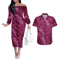 Pink Aloha Hawaii Couples Matching Off The Shoulder Long Sleeve Dress and Hawaiian Shirt Hawaiian Kakau Ohia Lehua Lei - Polynesian Pride