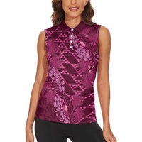 Pink Aloha Hawaii Women Sleeveless Polo Shirt Hawaiian Kakau Ohia Lehua Lei - Polynesian Pride