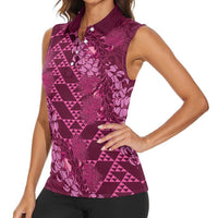 Pink Aloha Hawaii Women Sleeveless Polo Shirt Hawaiian Kakau Ohia Lehua Lei - Polynesian Pride