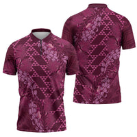 Pink Aloha Hawaii Zipper Polo Shirt Hawaiian Kakau Ohia Lehua Lei - Polynesian Pride
