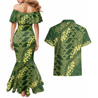 Green Aloha Hawaii Couples Matching Mermaid Dress and Hawaiian Shirt Hawaiian Kakau Ohia Lehua Lei - Polynesian Pride