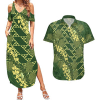 Green Aloha Hawaii Couples Matching Summer Maxi Dress and Hawaiian Shirt Hawaiian Kakau Ohia Lehua Lei - Polynesian Pride