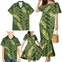 Green Aloha Hawaii Family Matching Mermaid Dress and Hawaiian Shirt Hawaiian Kakau Ohia Lehua Lei - Polynesian Pride