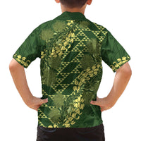 Green Aloha Hawaii Family Matching Off The Shoulder Long Sleeve Dress and Hawaiian Shirt Hawaiian Kakau Ohia Lehua Lei - Polynesian Pride