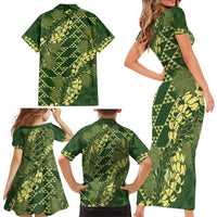 Green Aloha Hawaii Family Matching Short Sleeve Bodycon Dress and Hawaiian Shirt Hawaiian Kakau Ohia Lehua Lei - Polynesian Pride