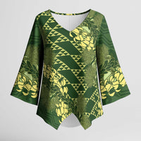 Green Aloha Hawaii Kimono Sleeve Blouse Hawaiian Kakau Ohia Lehua Lei - Polynesian Pride