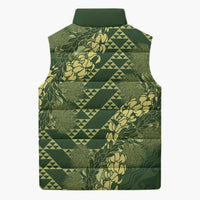 Green Aloha Hawaii Sleeveless Puffer Jacket Hawaiian Kakau Ohia Lehua Lei - Polynesian Pride