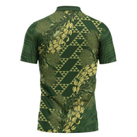 Green Aloha Hawaii Zipper Polo Shirt Hawaiian Kakau Ohia Lehua Lei - Polynesian Pride