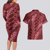 Maroon Aloha Hawaii Couples Matching Long Sleeve Bodycon Dress and Hawaiian Shirt Hawaiian Kakau Ohia Lehua Lei - Polynesian Pride