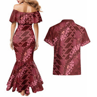 Maroon Aloha Hawaii Couples Matching Mermaid Dress and Hawaiian Shirt Hawaiian Kakau Ohia Lehua Lei - Polynesian Pride