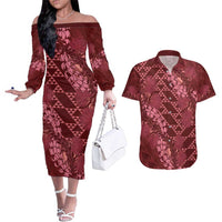 Maroon Aloha Hawaii Couples Matching Off The Shoulder Long Sleeve Dress and Hawaiian Shirt Hawaiian Kakau Ohia Lehua Lei - Polynesian Pride