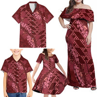 Maroon Aloha Hawaii Family Matching Off Shoulder Maxi Dress and Hawaiian Shirt Hawaiian Kakau Ohia Lehua Lei - Polynesian Pride