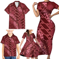 Maroon Aloha Hawaii Family Matching Short Sleeve Bodycon Dress and Hawaiian Shirt Hawaiian Kakau Ohia Lehua Lei - Polynesian Pride
