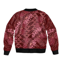 Maroon Aloha Hawaii Sleeve Zip Bomber Jacket Hawaiian Kakau Ohia Lehua Lei - Polynesian Pride