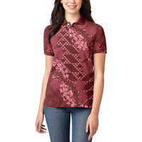 Maroon Aloha Hawaii Women Polo Shirt Hawaiian Kakau Ohia Lehua Lei - Polynesian Pride