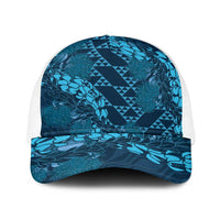 Naval Night Aloha Hawaii Baseball Net Cap Hawaiian Kakau Ohia Lehua Lei LT14 One Size White Blue - Polynesian Pride