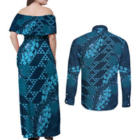Naval Night Aloha Hawaii Couples Matching Off Shoulder Maxi Dress and Long Sleeve Button Shirt Hawaiian Kakau Ohia Lehua Lei - Polynesian Pride