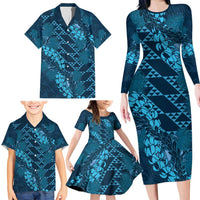 Naval Night Aloha Hawaii Family Matching Long Sleeve Bodycon Dress and Hawaiian Shirt Hawaiian Kakau Ohia Lehua Lei - Polynesian Pride