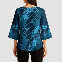 Naval Night Aloha Hawaii Kimono Sleeve Blouse Hawaiian Kakau Ohia Lehua Lei - Polynesian Pride