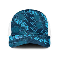 Naval Night Aloha Hawaii Mesh Trucker Cap Hawaiian Kakau Ohia Lehua Lei LT14 One Size White Blue - Polynesian Pride