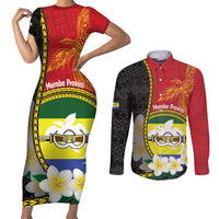 Personalised PNG Morobe Provins Couples Matching Short Sleeve Bodycon Dress and Long Sleeve Button Shirt Papua New Guinea Plumeria Melanesian Pattern - Polynesian Pride