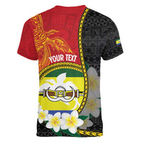 Personalised PNG Morobe Provins Women V-Neck T-Shirt Papua New Guinea Plumeria Melanesian Pattern - Polynesian Pride