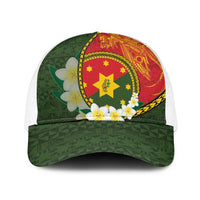 PNG Isten Hailans Provins Baseball Net Cap Papua New Guinea Plumeria Melanesian Pattern LT14 One Size White Green - Polynesian Pride