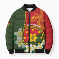 Personalised PNG Isten Hailans Provins Bomber Puffer Jacket Papua New Guinea Plumeria Melanesian Pattern LT14 Green - Polynesian Pride
