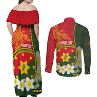 Personalised PNG Isten Hailans Provins Couples Matching Off Shoulder Maxi Dress and Long Sleeve Button Shirt Papua New Guinea Plumeria Melanesian Pattern - Polynesian Pride