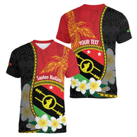 Personalised PNG Sauten Hailans Women V-Neck T-Shirt Papua New Guinea Plumeria Melanesian Pattern - Polynesian Pride