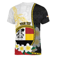 Personalised PNG Madang Provins Women V-Neck T-Shirt Papua New Guinea Plumeria Melanesian Pattern - Polynesian Pride