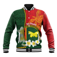 Personalised PNG Oro Provins Baseball Jacket Papua New Guinea Plumeria Melanesian Pattern LT14 Unisex Green - Polynesian Pride
