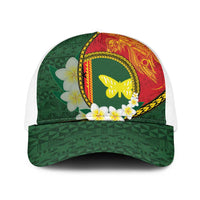 PNG Oro Provins Baseball Net Cap Papua New Guinea Plumeria Melanesian Pattern LT14 One Size White Green - Polynesian Pride