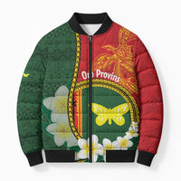 Personalised PNG Oro Provins Bomber Puffer Jacket Papua New Guinea Plumeria Melanesian Pattern LT14 Green - Polynesian Pride