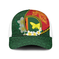 PNG Oro Provins Mesh Trucker Cap Papua New Guinea Plumeria Melanesian Pattern LT14 One Size White Green - Polynesian Pride