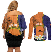 Personalised PNG Niu Ailan Couples Matching Off Shoulder Short Dress and Long Sleeve Button Shirt Papua New Guinea Plumeria Melanesian Pattern - Polynesian Pride