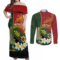 Personalised PNG Simbu Provins Couples Matching Off Shoulder Maxi Dress and Long Sleeve Button Shirt Papua New Guinea Plumeria Melanesian Pattern - Polynesian Pride