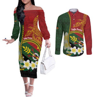 Personalised PNG Simbu Provins Couples Matching Off The Shoulder Long Sleeve Dress and Long Sleeve Button Shirt Papua New Guinea Plumeria Melanesian Pattern - Polynesian Pride