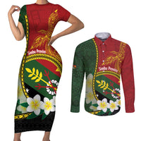 Personalised PNG Simbu Provins Couples Matching Short Sleeve Bodycon Dress and Long Sleeve Button Shirt Papua New Guinea Plumeria Melanesian Pattern - Polynesian Pride