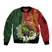 Personalised PNG Simbu Provins Sleeve Zip Bomber Jacket Papua New Guinea Plumeria Melanesian Pattern - Polynesian Pride