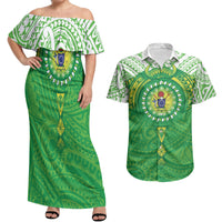 Cook Islands Manta Ray Couples Matching Off Shoulder Maxi Dress and Hawaiian Shirt Kuki Airani Tattoo Green Color LT14 Green - Polynesian Pride