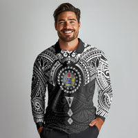 Cook Islands Manta Ray Long Sleeve Polo Shirt Kuki Airani Tattoo Black Color LT14 - Polynesian Pride