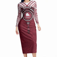 Personalised Cook Islands Mangaia Long Sleeve Bodycon Dress Map With Kuki Airani Manta Ray Tattoo LT14 Long Dress Maroon - Polynesian Pride