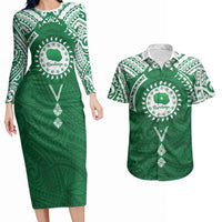 Personalised Cook Islands Rarotonga Couples Matching Long Sleeve Bodycon Dress and Hawaiian Shirt Map With Kuki Airani Manta Ray Tattoo LT14 Green - Polynesian Pride