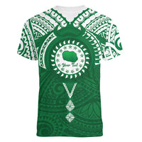 Personalised Cook Islands Rarotonga Women V-Neck T-Shirt Map With Kuki Airani Manta Ray Tattoo LT14 - Polynesian Pride